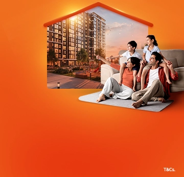 Home loan ad: Easy online sanction with minimal documentation. Happy family of four hugging on a sofa.