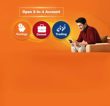 Men sitting and using his phone. Icons for Savings, Demat and Trading. Text: "Open 3-in-1 Account".